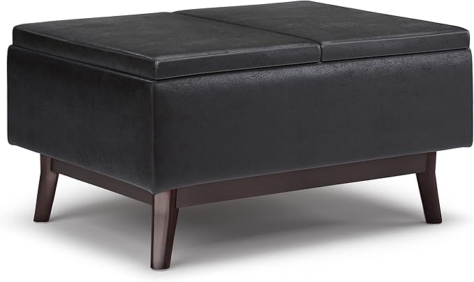 SIMPLIHOME Owen Tray Top Small Coffee Table Storage Ottoman - 34 inch Wide Upholstered Vegan Leather Rectangular Flip-Top Ottoman in Distressed Black, Mid-Century Ottoman for Living Room