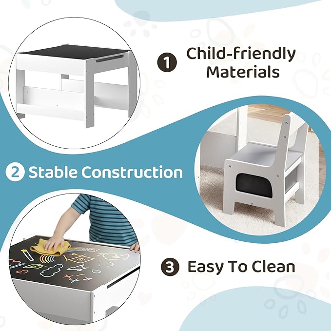 Arlopu Kids Table and Chairs Set, 4 in 1 Toddler Art Desk with Storage Drawer, Wooden Activity Deskboard, Blackboard, Reversible & Detachable Tabletop, Bookshelf for Drawing, Reading (Grey & White)