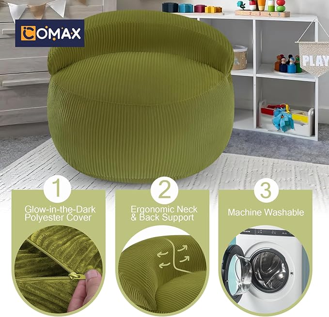 COMAX Bean Bag Chair for Kids, Convertible Toddler Beanbag Bed Corduroy, Children Bean Chair Stuffed to Floor Mattress with Filler, Light Green