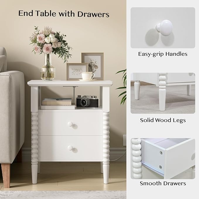 White Nightstand, Vintage Night Stand with Charging Station, Bedside Table with Drawers, End Table with Solid Wood Legs, Bed Side Tables for Bedroom, White