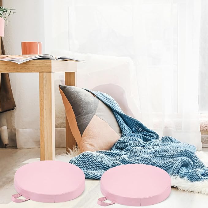 Sawysine 2 Pcs 14 Inch Floor Cushions with Handle, Flexible Round Floor Seating Pillows for Home School Classroom Kindergarten Daycare Nursery, 2 Inch Thick (Pink)