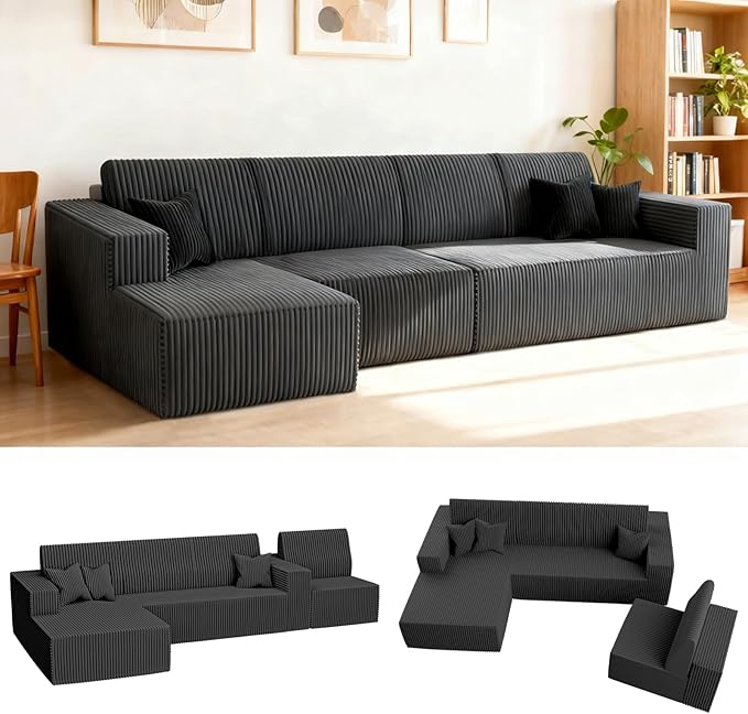 Komusou 142" Boneless Couch, Cloud Modular Sectional Sofa with L-Shape Chaise and Deep Seat, Modern Upholstered Couches for Living Room Bedroom No Assembly Required (Grey, Left Facing Chaise)