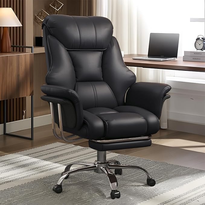 BTFYOU Big and Tall Office Chair with Armrests Executive Chair with Footrest and Spring Lumbar Support High Back Leather Ergonomic Chair Adjustable Height Tilt Lock for Business