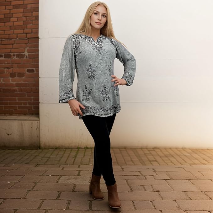 Agan Traders 2025 Winter Long Sleeve Diamond Neck Embroidered Tops - Medieval Boho Vintage Tunic Kurta Blouses for Women