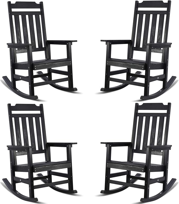 hOmeQomi Rocking Chairs Set of 4, All Weather Resistant Poly Lumber Outdoor Porch Rocker, Rocking Chairs for Outdoor, Indoor, Patio, Deck, Garden, Backyard, Load Bearing 380 lbs - Black