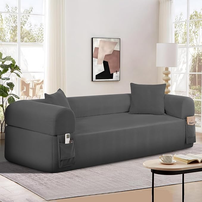 83" Boneless Couch, 3 Seater Sofa with 2 Matching Pillows Compact Corduroy Couches for Living Room Side Storage Pockets, Floor Sofa with Removable Armrests, No Assembly Required, Grey