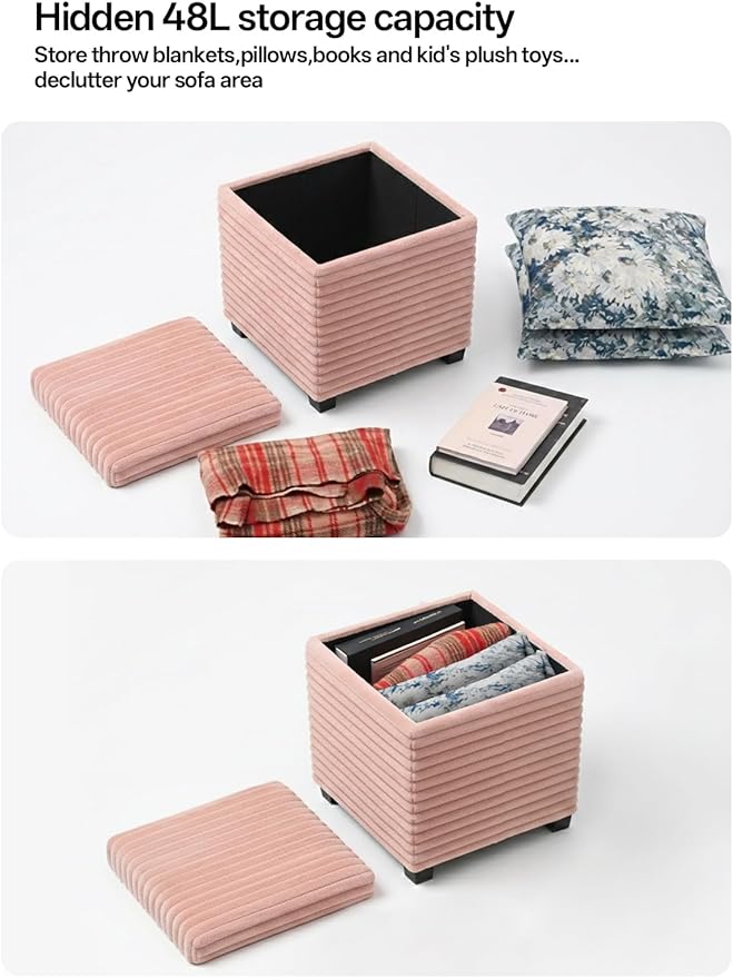 ABHENG 17.7 inches Faux Fur Ottomans Cube with Storage, Metal Framed Vanity Stool Chair Storage Ottoman Foot Rest Stool, Holds 770 LB for Dorm Living Room Bedroom Pink UASND643P
