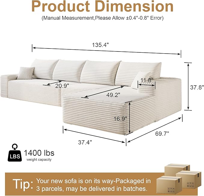 AUGOP 136" Sectional Couches for Living Room Modern Modular Sofa with L-Shape Couchs Upholstered Boneless Couch Deep Seat Sectional Couch with Chaise (White, Right Facing Chaise+3Seaters)