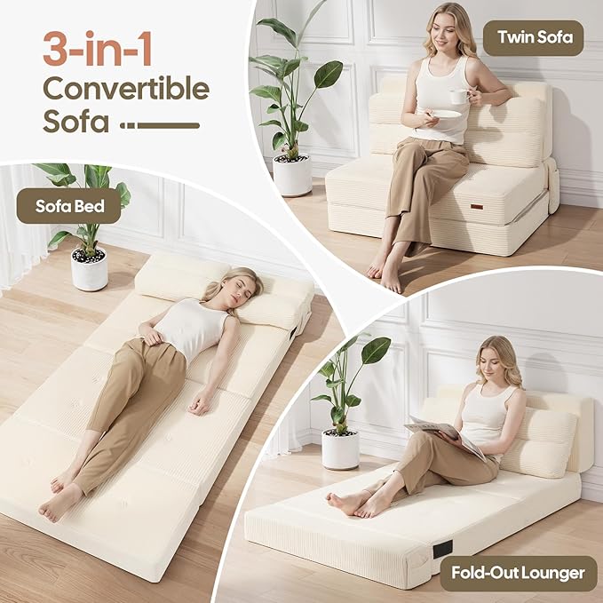 COMAX Folding Sofa Bed, Foldable Couch for Bedroom, Convertible Floor Sleeper Futon Chair Foam, Corduroy 3 in 1 Fold Out Chair Portable Comfy Lounge Couch Sofa Bed for Small Space, Twin, Beige