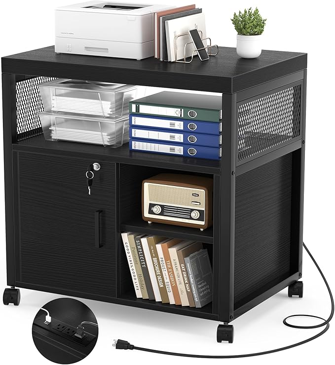 Unikito Lateral File Cabinet, Locking Office Filing Cabinets with Socket and USB Charging Port, Modern Rolling Printer Stand with Storage for A4, Letter Size and File Folders, Black