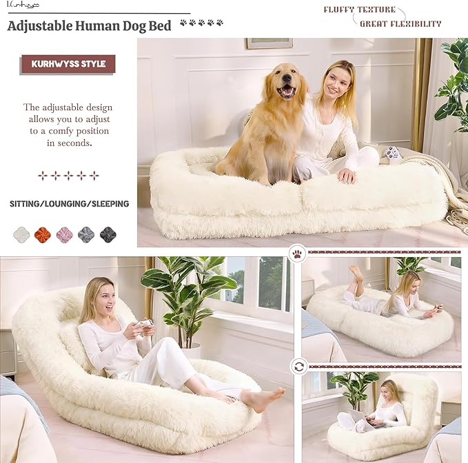 Upholstered Human Dog Bed for Adult & Pets, Convertible Lazy Sofa Bed with 5 Adjustable Position, Comfy Tatami Bean Bag Lounge Chair with 2 Soft Pillows for Bedroom Living Room (Beige Fluffy)