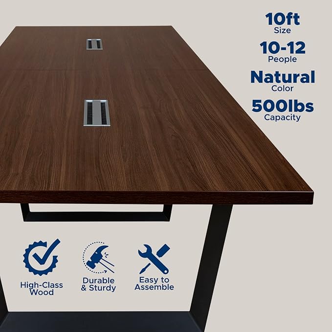 ahliss Sturdy Conference Table with Cable Management Grommets Modern Rectangle Office Meeting Table with Wood Tabletop and Metal Frame & Legs- Easy Assembly Boardroom Table (Dark Brown, 10 Foot)