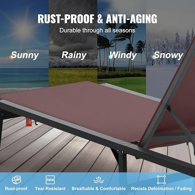 VEVOR 2 Pcs Chaise Lounge Chairs Outdoor, Aluminum Patio Lounge Chair with Adjustable 5-Position, Folding Pool Chairs Recliner and Full Flat Tanning Chair for Patio, Beach, Pool, Brown, 2 pcs