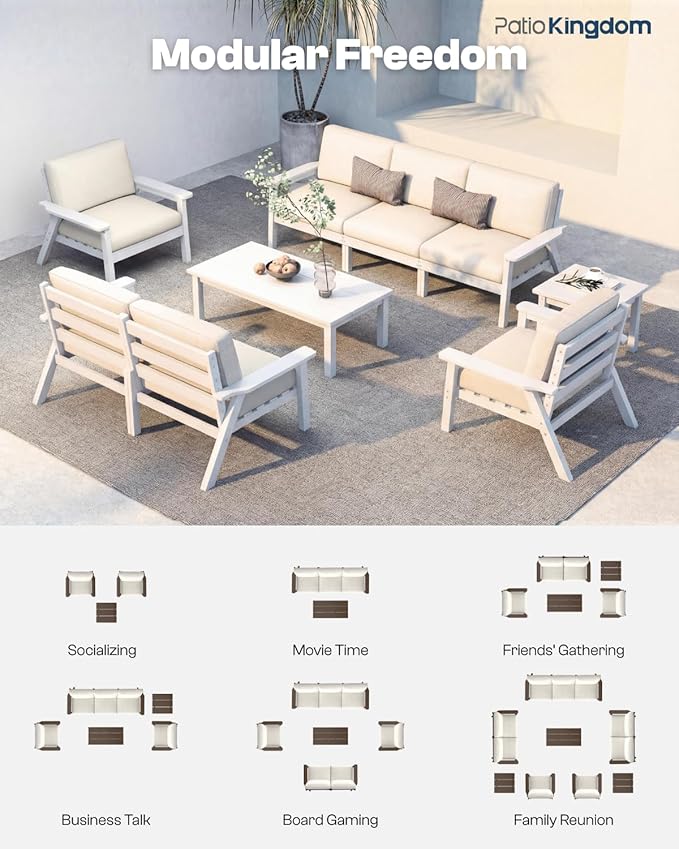 Patio Kingdom 7 Piece Patio Furniture Set, HDPE Outdoor Sectional with Beige Washable Thick Cushions, Coffee Table & Side Table, Patio Conversation Sets for Lawn, Garden, Porch, Balcony (White Frame)