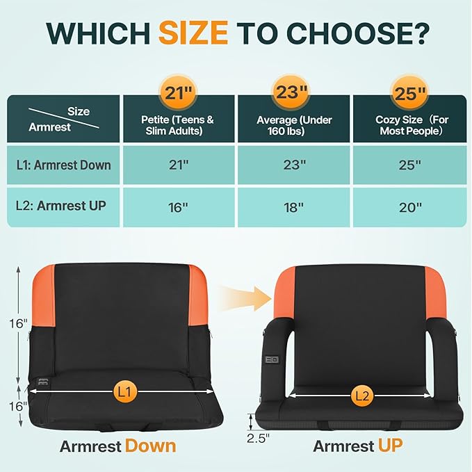 HOPERAN Dual-Sided Heated Stadium Seats for Bleachers with Back Support, 3 Levels Heating Bleacher Seats with Backs and Cushion Wide, 5 Pockets Portable Stadium Chair for Outdoor Sports (Orange)