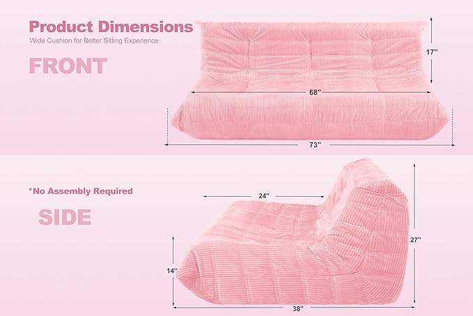Bean Bag Chair,Giant Beanbag Chairs for Adults,Comfy Large Fireside Chair Lazy Sofa,Corduroy Bean Bag Lounger with Memory Foam Filled,Floor Sofa Couch for Home,Living Room (Pink, 3-Seater)