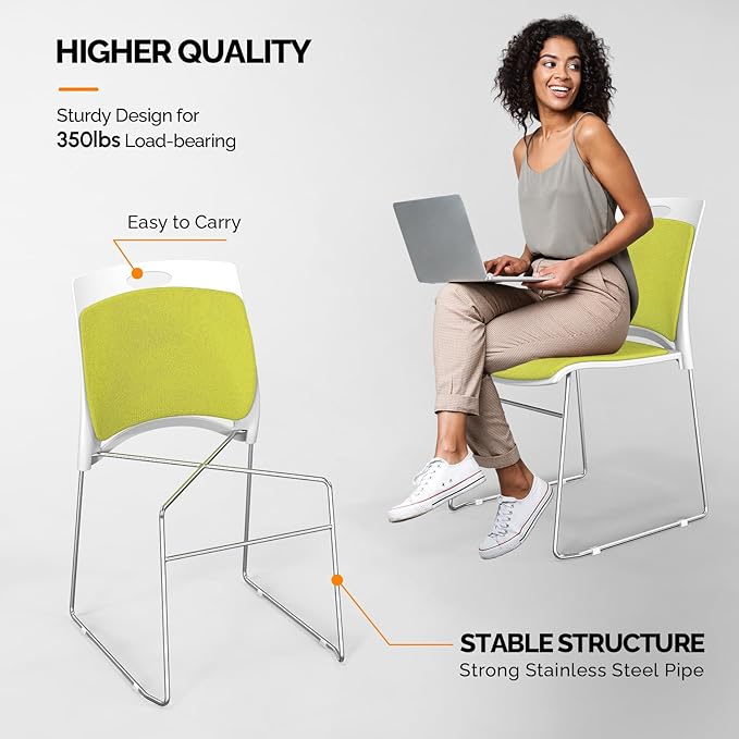 VINGLI Stackable Chairs Set of 8, Stacking Office Chairs with Metal Sled Base, Ergonomic Plastic Padded Seat & Back, Capacity 350lbs, Stacking Chairs for Waiting Room Break Room Banquet Guest, Green