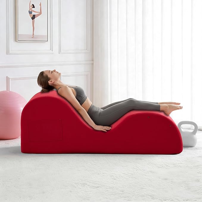 DRMBOOK Yoga Chairs for Adults, Corduroy Fabric Chaise Lounge with Headrest, Boneless Yoga Sofa Couch with Waist Cushion, Movable Footrest, Side Pockets for Relaxation Exercise Stretching (Red)