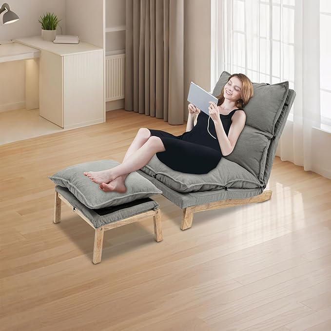 Single Lazy Leisure Chair, Adjustable Recliner Balcony Reclining Japanese Tatami Chair with Ottoman, Floor Seating Lounge Chair with Backrest and Footrest, Upholstered Chair for Living Bedroom (Grey)