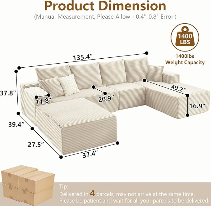 Lakifun 135" U-Shape Cloud Couch, Modern Modular Sectional Comfy L-Shape Sofa with Ottoman, Deep Seat, Upholstered Corduroy Sleeper Chaise Longue for Living Room Bedroom, No Assembly Required, White