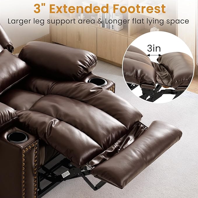 Oversized Power Lift Recliner Chair for Elderly Big and Tall, Dual Motor Heavy-Duty Lift Chair with Heat & Massage, Lay Flat Wide Recliner, USB-C, Cup Holders, Lumbar Pillow, PU Leather, Brown