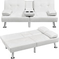 Yaheetech Convertible Sofa Bed Adjustable Couch Sleeper Modern Faux Leather Home Recliner Reversible Loveseat Folding Daybed Guest Bed, Removable Armrests, Cup Holders, 3 Angles, 772lb Capacity, White