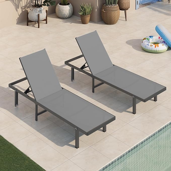 Chaise Lounge Outdoor, Pool Lounge Chairs with Wheels and 5-Position Recliner -Easy to Move- Aluminum Patio Lounge Chair for Poolside, Deck (Darkgray)