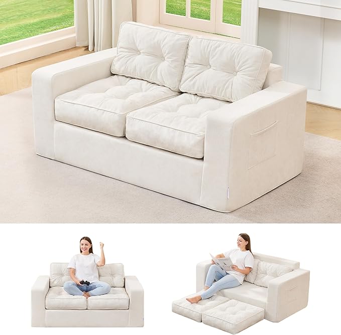 Hobestluk Sofa Couch Loveseat Sofa with Chenille Fabric 2-Seater Sofa for Small Spaces Comfortable Foam Floor Sofa 2 in 1 Boneless Couch for Living Room Bedroom Apartment or Office (Beige, Loveseat)