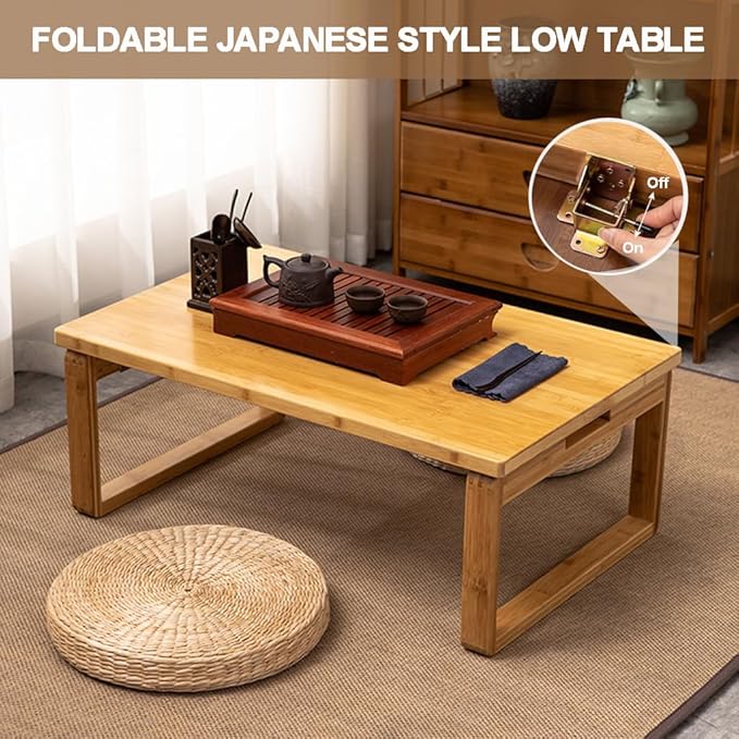 Portable Rectangle Foldable Coffee Table Japanese Tea Table, Bamboo Low Table for Sitting on The Floor, Dining Table, Tatami Table for Living Room Bedroom Meditation (Size:31.5*19.7*12.2in)