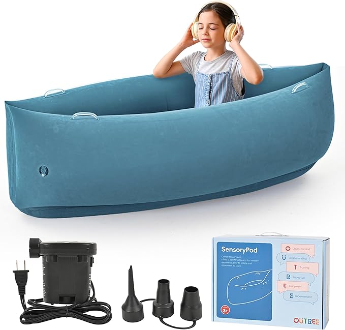 OUTREE Upgraded Sensory Chair for Kids — 60" Sensory Pod Inflatable Peapod for Children, Includes Electric Air Pump,Sensory Toys Giftfor Kids with Autism,Light Blue