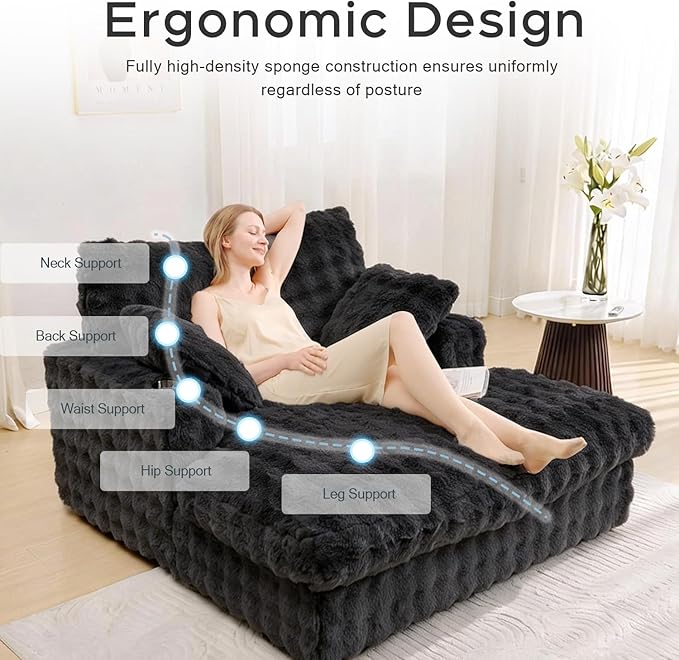 52.5 Inch Oversized Chaise Lounge Chair Indoor, Faux Fur Upholstered Sleeper Couch, Ergonomic Deep Seat Sleeper Sofa with Plush Pillows, Cup Holders, USB Port, Reading Chairs for Living Room/Dark Grey
