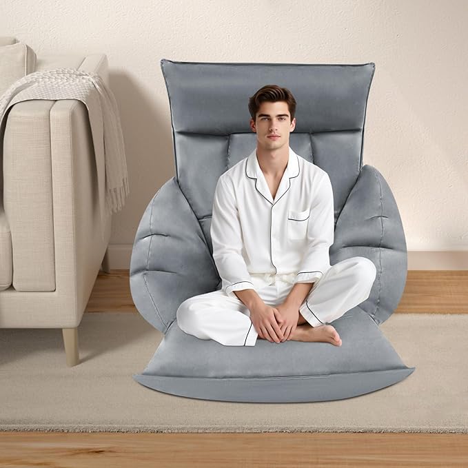 Foldable Floor Lazy Sofa, Adjustable Lazy Sofa Floor Chair with 5-Position Headrest, Grey Ergonomic Foldable Floor Seating with Armrests and Lumbar Support, for Living Room, Bedroom, Office