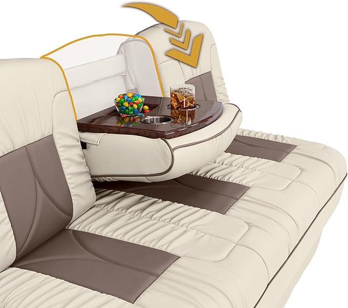 Qualitex De Leon Console SL RV Sofa Bed, 74" Wide, Ulitmate Leather, Bisque and Light Antelope