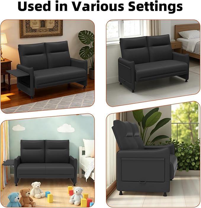 Faux Leather Loveseat, Upholstered Loveseat with Hidden Foldable Tray & Side Pocket, Front Contour Arm Design, Modern 2-Seater Sofa Couch for Compact Spaces, Black