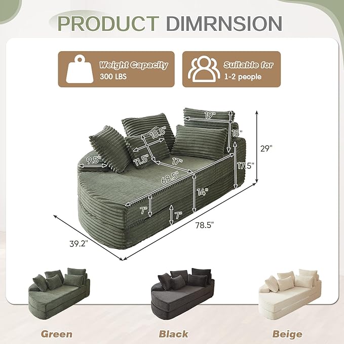 Antetek Chaise Lounge Chair Indoor, Convertible Folding Futon Sofa Bed w/ 5 Pillows, Fluffy Corduroy Boneless Compressed Memory Foam Couch for Living Room, Bedroom (Green, Left Half)