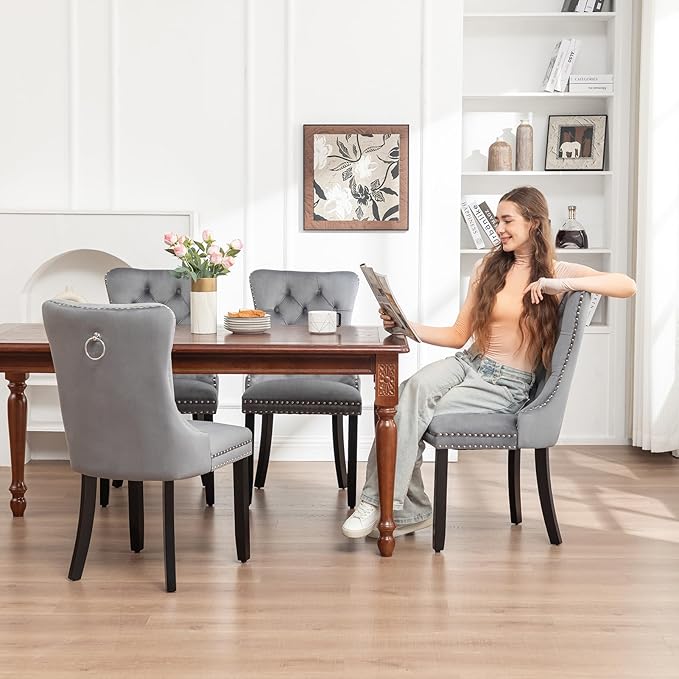 Kiztir Velvet Dining Chairs Set of 2, Upholstered Dining Chairs with Ring Pull Trim and Button Back, Luxury Tufted Dining Chair for Living Room, Bedroom, Kitchen (Gray)
