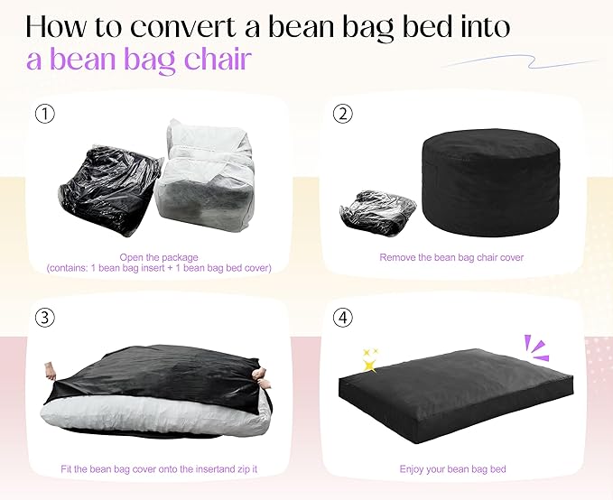 Hobestluk Giant Bean Bag Chair Bed for Adults, Large Bean Bags with High-Density Foam Filling, Convertible Big Sofa Bed Couch for Living Room, Bedroom, Playroom (Black, Full)