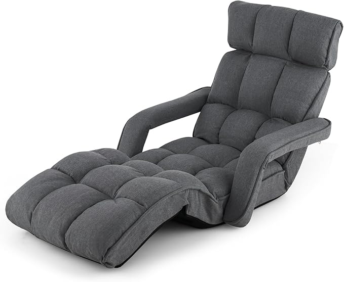 KOMFOTT Foldable Floor Lazy Sofa, Indoor Chaise Lounge Sofa with 6 Adjustable Positions, Folding Chair Bed with Adjustable Armrests, Backrest & Footrest, Ideal for Living Room, Bedroom (Dark Grey)