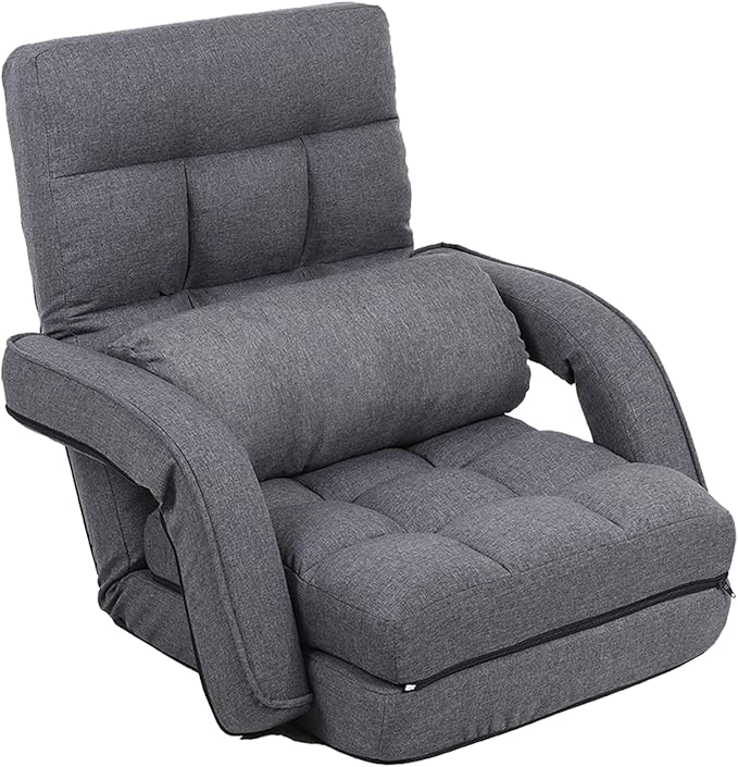 FLOGUOR Indoor Floor Gaming Chairs for Adults with Back Support,Chaise Lounge, 14-Position Folding Lazy Sofa with Pillow for Living Room, Bedroom, Balcony(Grey) 8803GR