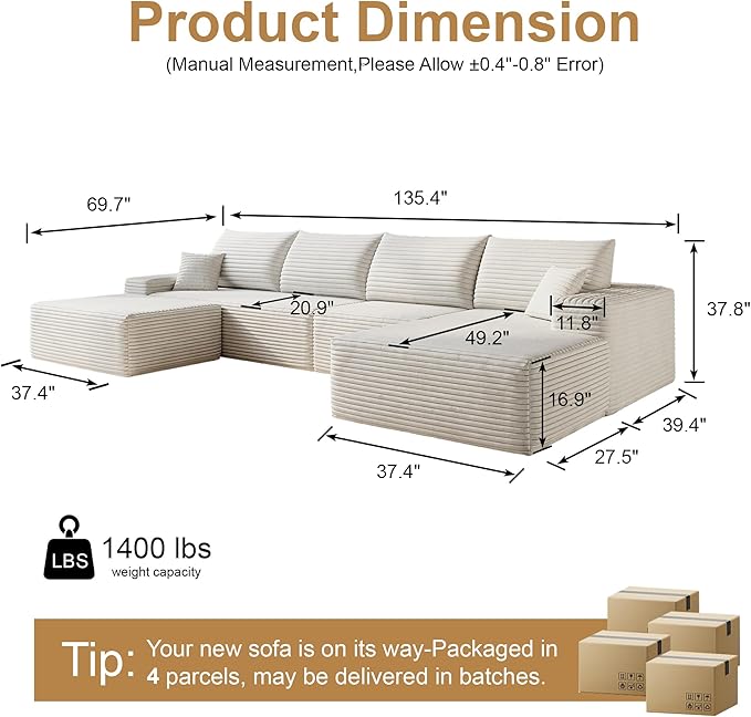AUGOP 136" Sectional Couches for Living Room Modern Modular Sofa with L-Shape Couchs Upholstered Boneless Couch Deep Seat Sectional Couch with Chaise (White, Right Facing Chaise+3Seaters+Ottoman)