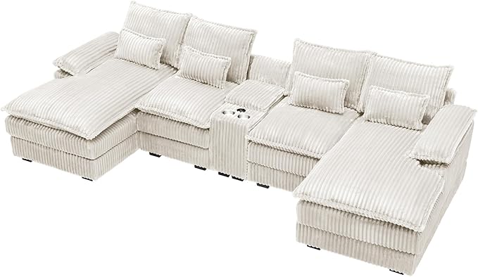 HYJT-H&K 124" U Shaped Cloud Couch Sectional, Comfy Plush Fluffy Corduroy White Sectional Couches for Living Room, Modern Modular Corduroy Couch Sectionals with Central Console & Double Chaise