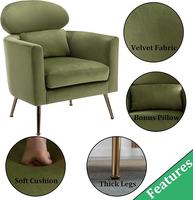 DM Furniture Velvet Accent Chair Comfy Living Room Chair Slipper Chair Mid Century Single Sofa Arm Chair with Golden Legs and Pillow for Bedroom/Guest Room, Olive Green