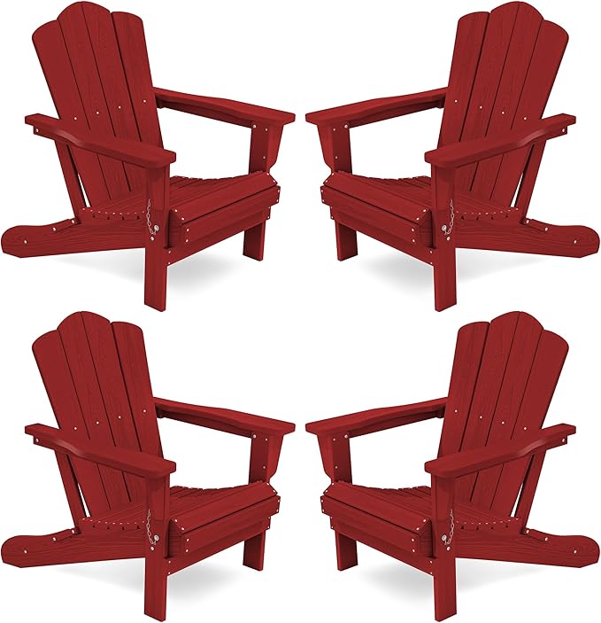 KINGYES Folding Adirondack Chair Set of 4, HDPE Adirondack Chair for Adult, Red