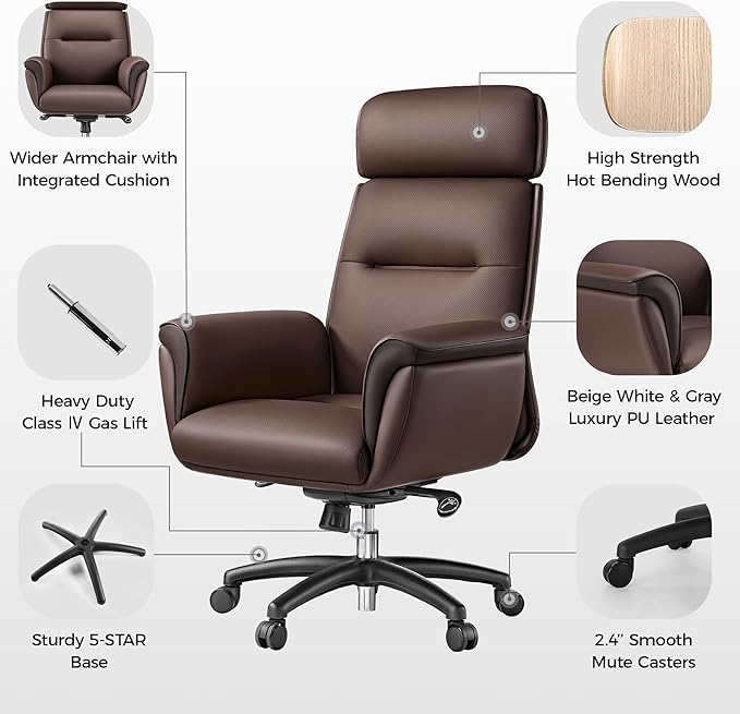 EUREKA ERGONOMIC Royal Ergonomic Office Chair Executive Desk Chair, Microfiber Leather High Back Executive Chair Comfy Ergonomic 360° Swivel with Lumbar for Home Workshop- Brown