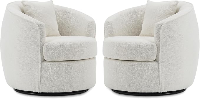 FaFaSoGoodFa Swivel Accent Chair Set of 2, Modern Upholstered Boucle Barrel Arm Chairs with Pillow for Living Room, 360 Degree Round Swivel Sherpa Armchair with Round Base for Bedroom Club (2, Cream)
