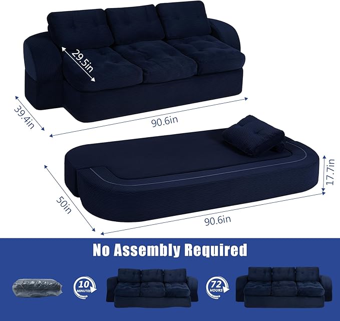 MeMoreCool Convertible Floor Sofa Couch – 3-Seater Sleeper with Tufted Cushions, Navy Corduroy Modular Foam | Cloud Couch for Living Room & Bedroom | No Assembly | Soft Ergonomic Support