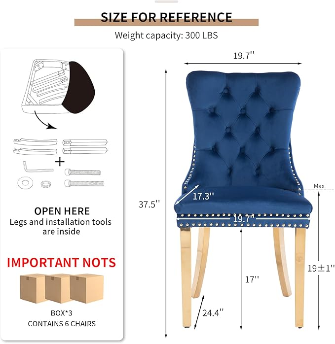 YeahFurn Mid Century Modern Dining Chairs Set of 6, Blue Velvet Upholstered Tufted Back, Kitchen & Dining Room Chairs, Gold Metal Legs, Nailhead Trim, Sillas para Comedor (Blue, 6 Pcs)