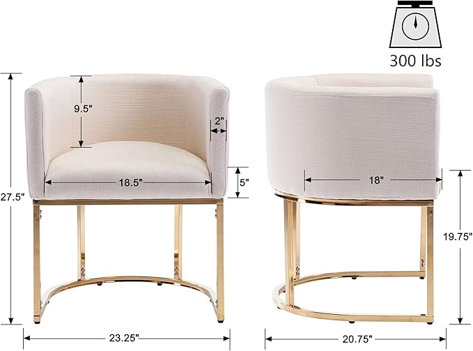 VESCASA Linen Upholstered Dining Chair with Barrel Back, Mid Century Modern Padded Restaurant Chair with Gold Metal Frame for Kitchen, Dining Room, 1 Piece, Cream