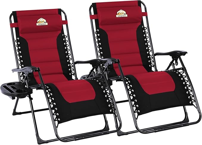 Colegence Oversized Padded Zero Gravity Lounge Chair Set of 2, Foldable Patio Anti Gravity Reclining Chairs Folding Lawn Recliner with Cup Holder for Yard, Camping, Outdoor, Support 350 LBS, Burgundy