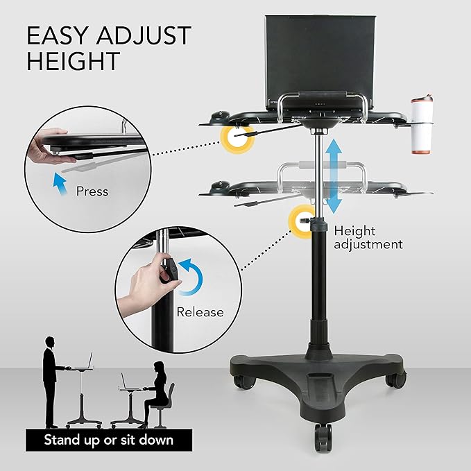EHO Mobile Laptop Desk Cart with Wheels, Height Adjustable Standing Desk with Pneumatic Lift, Rolling Workstation with Mouse Tray and Cup Holder, Portable Table for Home Office or Classroom